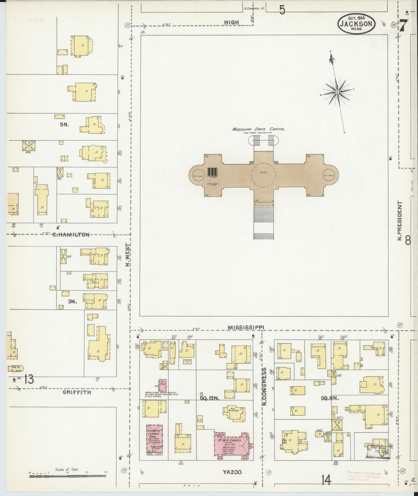 Sanborn Fire Insurance Map from Jackson, Hinds County, Mississippi (1904), Sheet #0007 - Complete Map Set gallery image, historic Sanborn map, vintage wall art, Mississippi Mississippi