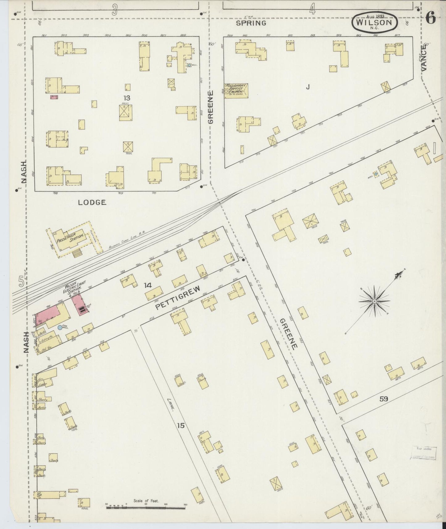 Sanborn Fire Insurance Map from Wilson, Wilson County, North Carolina (1893), Sheet #0006 - Complete Map Set gallery image, historic Sanborn map, vintage wall art, North Carolina North Carolina