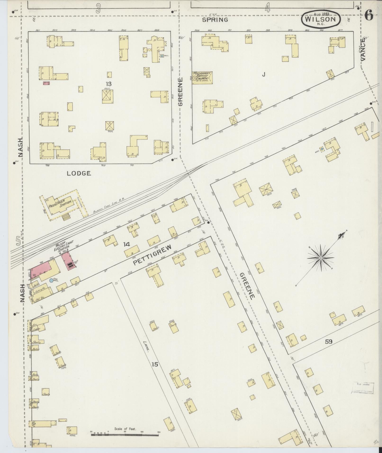 Sanborn Fire Insurance Map from Wilson, Wilson County, North Carolina (1893), Sheet #0006 - Complete Map Set gallery image, historic Sanborn map, vintage wall art, North Carolina North Carolina