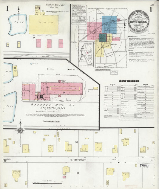 Sanborn Fire Insurance Map from Kosciusko, Attala County, Mississippi (1925), Sheet #0001 - Historic Sanborn Fire Insurance Map Print, vintage old map wall art, antique decor, genealogy gift, Mississippi Mississippi map