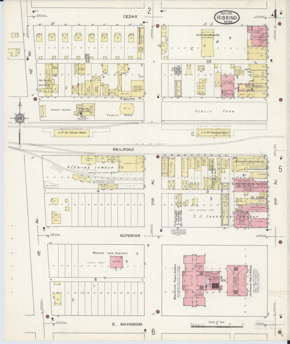 Sanborn Fire Insurance Map from Hibbing, Saint Louis County, Minnesota (1913), Sheet #0004 - Historic Sanborn Fire Insurance Map Print, vintage old map wall art, antique decor, genealogy gift, Minnesota Minnesota map
