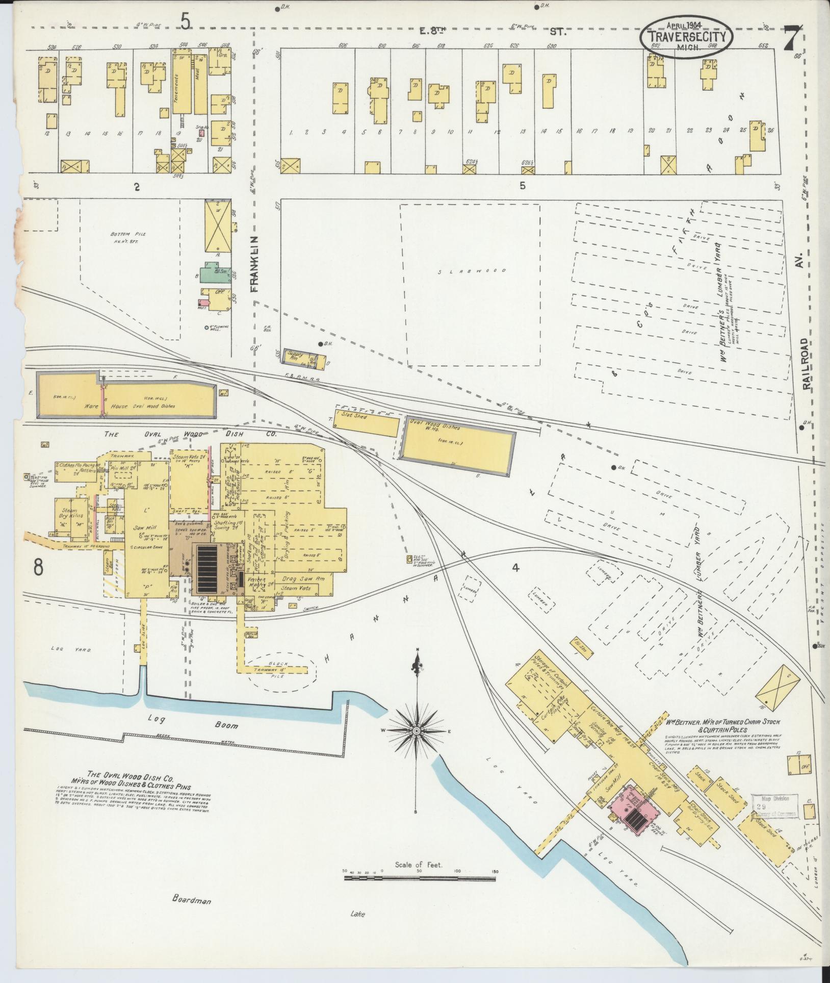 Sanborn Fire Insurance Map from Traverse City, Grand Traverse County, Michigan (1904), Sheet #0007 - Historic Sanborn Fire Insurance Map Print, vintage old map wall art, antique decor, genealogy gift, Michigan Michigan map