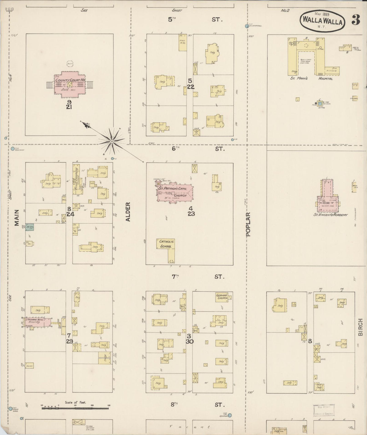 Sanborn Fire Insurance Map from Walla Walla, Walla Walla County, Washington (1889), Sheet #0003 - Historic Sanborn Fire Insurance Map Print, vintage old map wall art, antique decor, genealogy gift, Washington Washington map