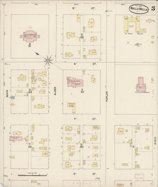 Sanborn Fire Insurance Map from Walla Walla, Walla Walla County, Washington (1889), Sheet #0003 - Historic Sanborn Fire Insurance Map Print, vintage old map wall art, antique decor, genealogy gift, Washington Washington map