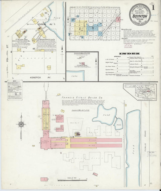 Sanborn Fire Insurance Map from Boynton, Muskogee County, Oklahoma (1914), Sheet #0001 - Complete Map Set gallery image, historic Sanborn map, vintage wall art, Oklahoma Oklahoma