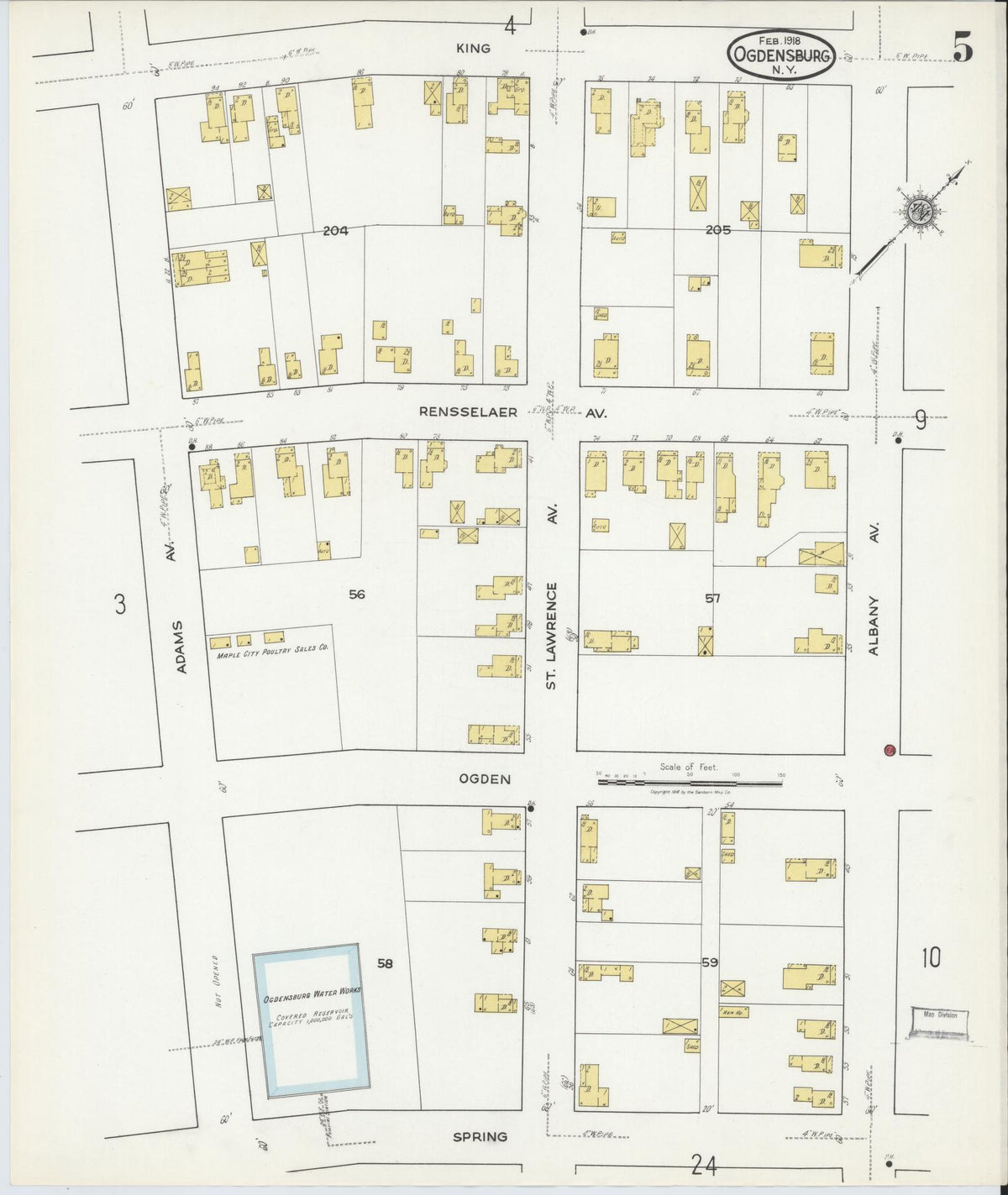 Sanborn Fire Insurance Map from Ogdensburg, St. Lawrence County, New York (1918), Sheet #0005 - Complete Map Set gallery image, historic Sanborn map, vintage wall art, New York New York