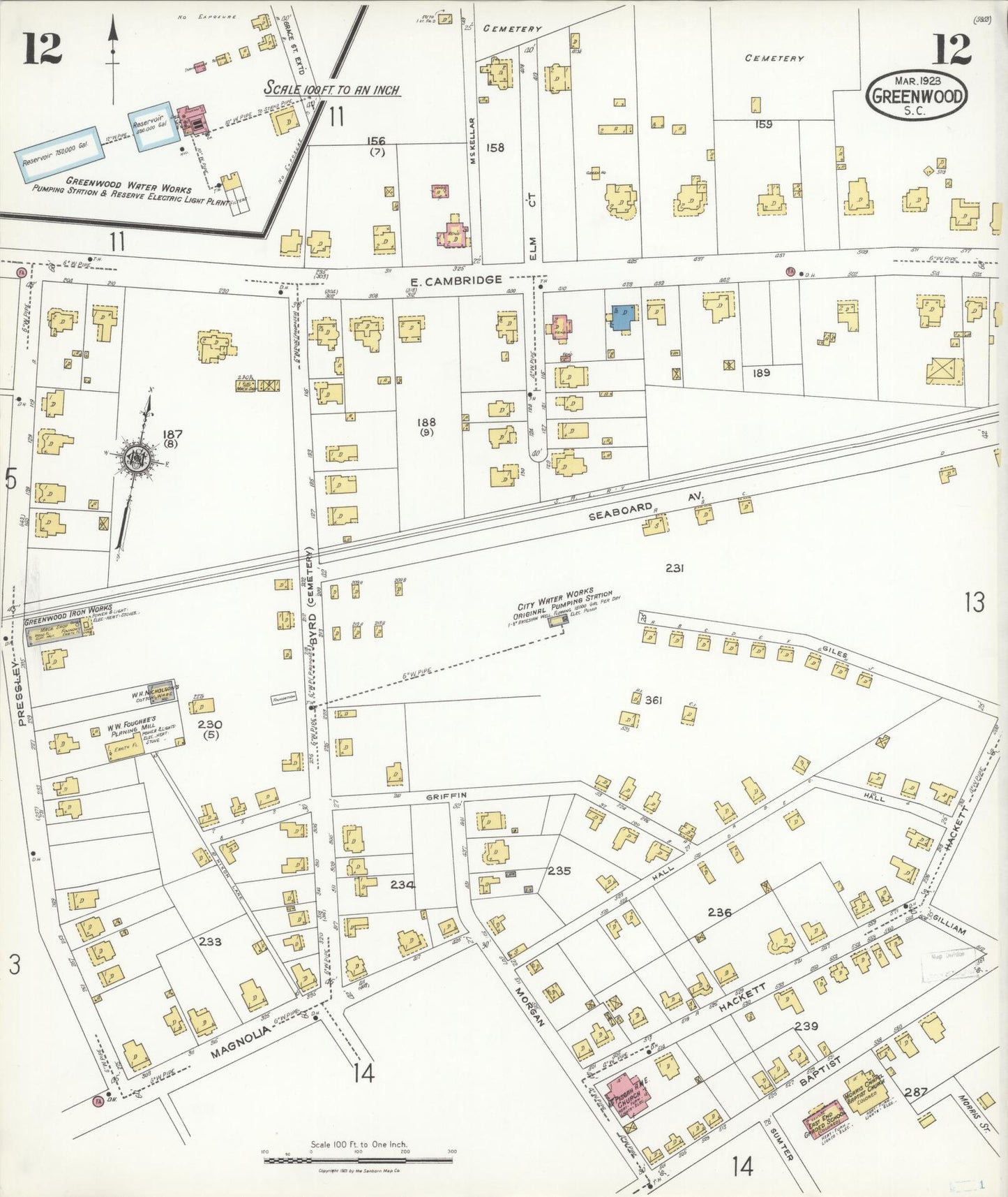 Sanborn Fire Insurance Map from Greenwood, Greenwood County, South Carolina (1923), Sheet #0012 - Complete Map Set gallery image, historic Sanborn map, vintage wall art, South Carolina South Carolina