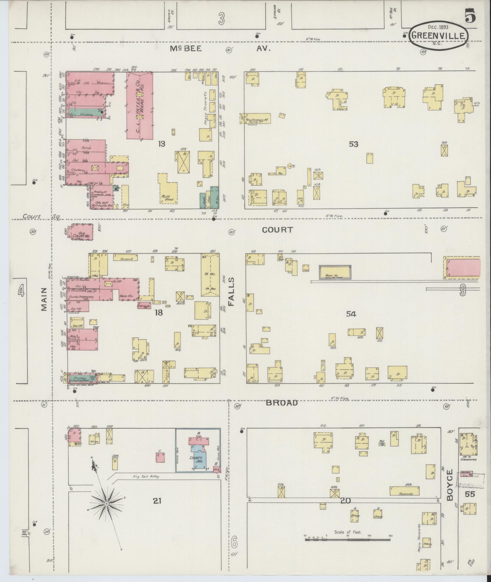 Sanborn Fire Insurance Map from Greenville, Greenville County, South Carolina (1893), Sheet #0005 - Complete Map Set gallery image, historic Sanborn map, vintage wall art, South Carolina South Carolina