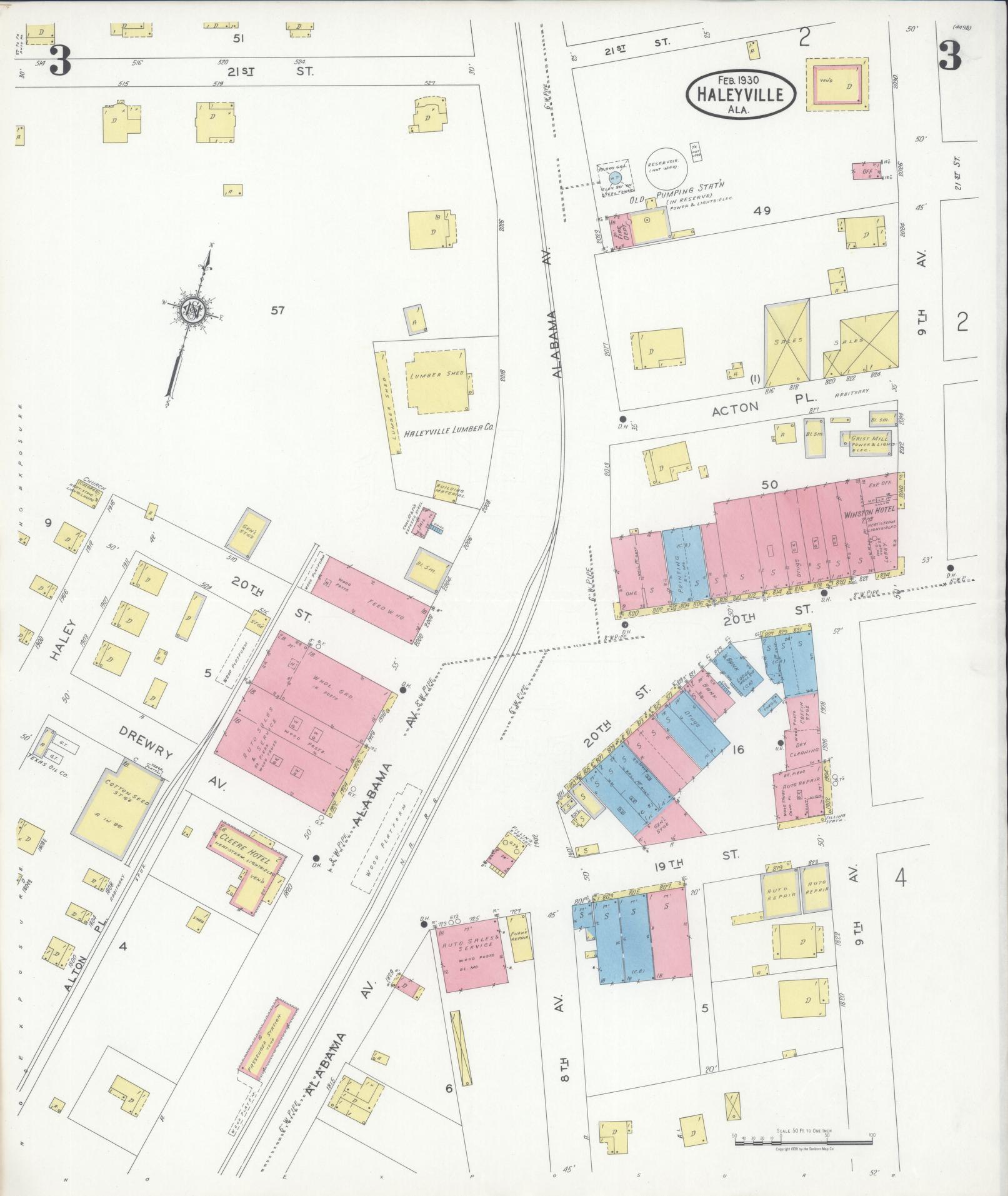 Sanborn Fire Insurance Map from Haleyville, Winston County, Alabama (1930), Sheet #0003 - Historic Sanborn Fire Insurance Map Print, vintage old map wall art, antique decor, genealogy gift, Alabama Alabama map