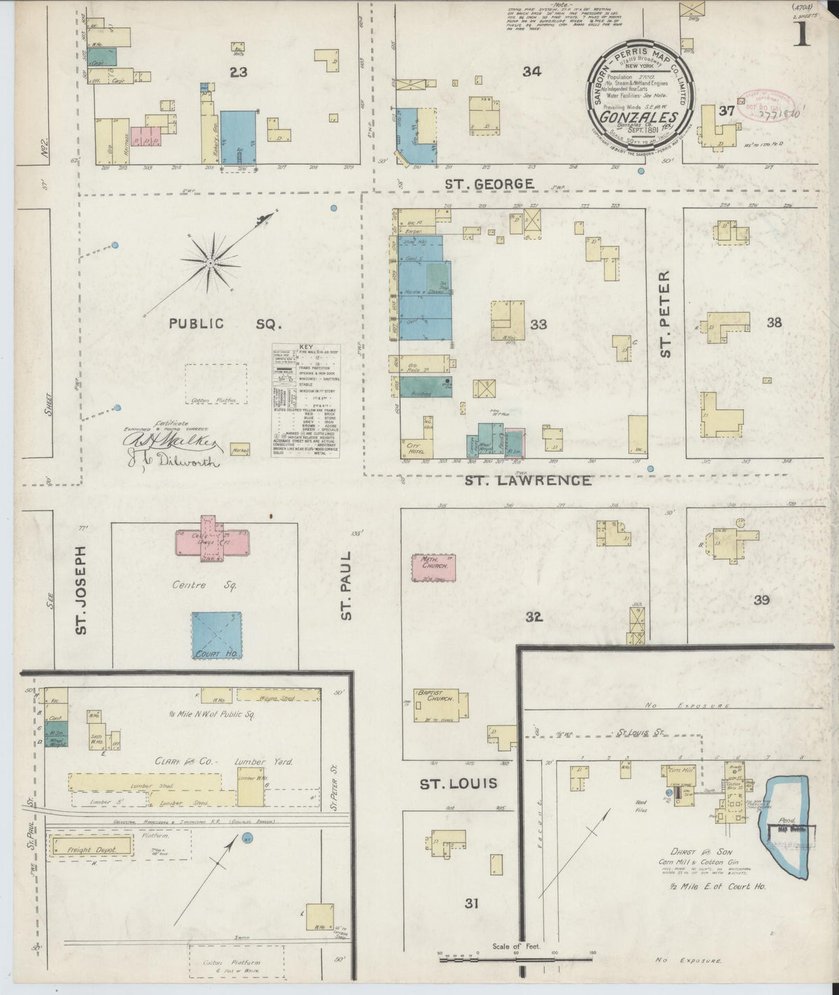 Sanborn Fire Insurance Map from Gonzales, Gonzales County, Texas (1891), Sheet #0001 - Historic Sanborn Fire Insurance Map Print, vintage old map wall art, antique decor, genealogy gift, Texas Texas map