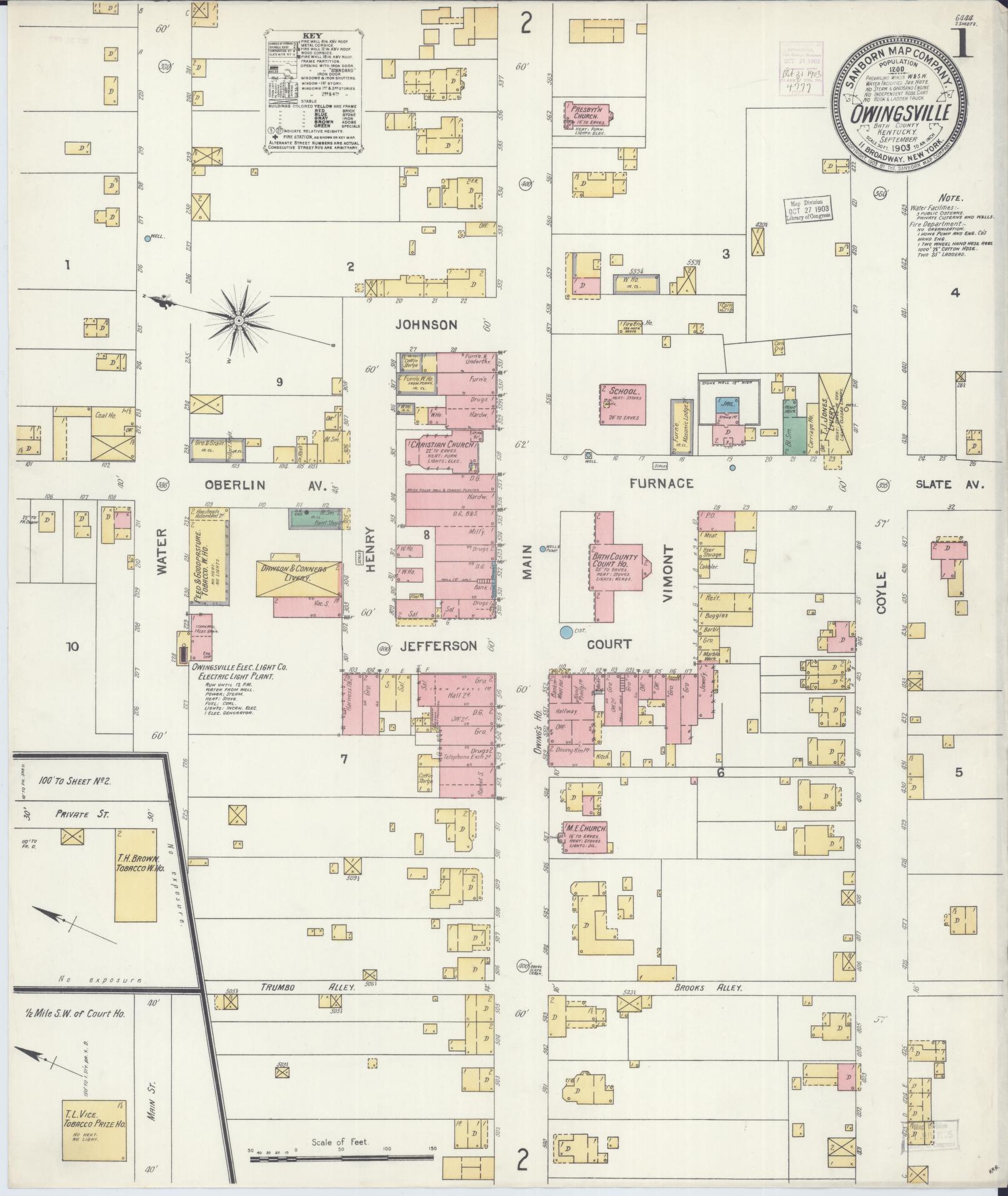 Sanborn Fire Insurance Map from Owingsville, Bath County, Kentucky (1903), Sheet #0001 - Historic Sanborn Fire Insurance Map Print, vintage old map wall art, antique decor, genealogy gift, Kentucky Kentucky map