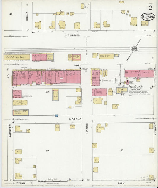 Sanborn Fire Insurance Map from Buford, Gwinnett County, Georgia (1921), Sheet #0002 - Historic Sanborn Fire Insurance Map Print, vintage old map wall art, antique decor, genealogy gift, Georgia Georgia map
