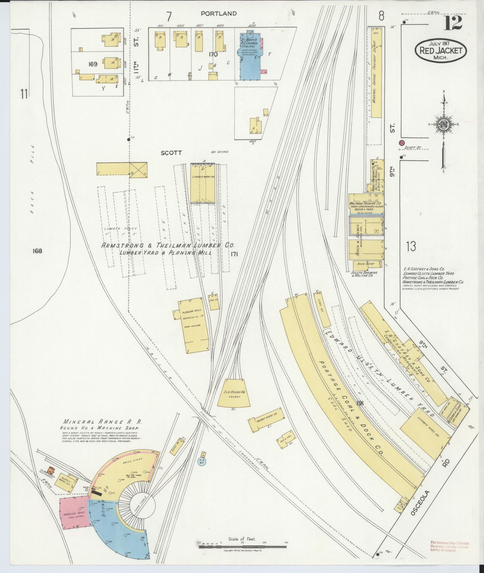 Sanborn Fire Insurance Map from Red Jacket, Houghton County, Michigan (1917), Sheet #0012 - Complete Map Set gallery image, historic Sanborn map, vintage wall art, Michigan Michigan