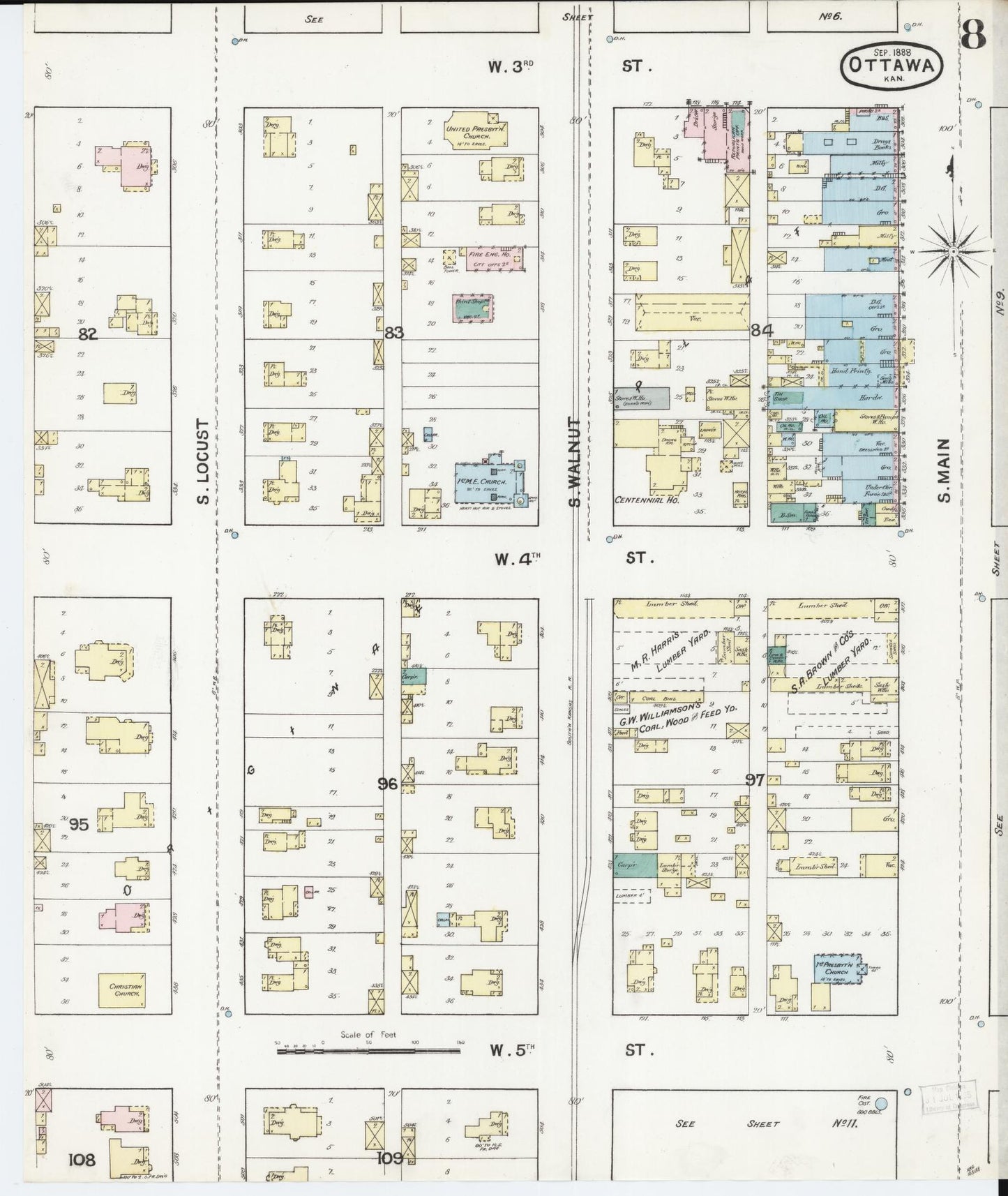 Sanborn Fire Insurance Map from Ottawa, Franklin County, Kansas (1888), Sheet #0008 - Historic Sanborn Fire Insurance Map Print, vintage old map wall art, antique decor, genealogy gift, Kansas Kansas map