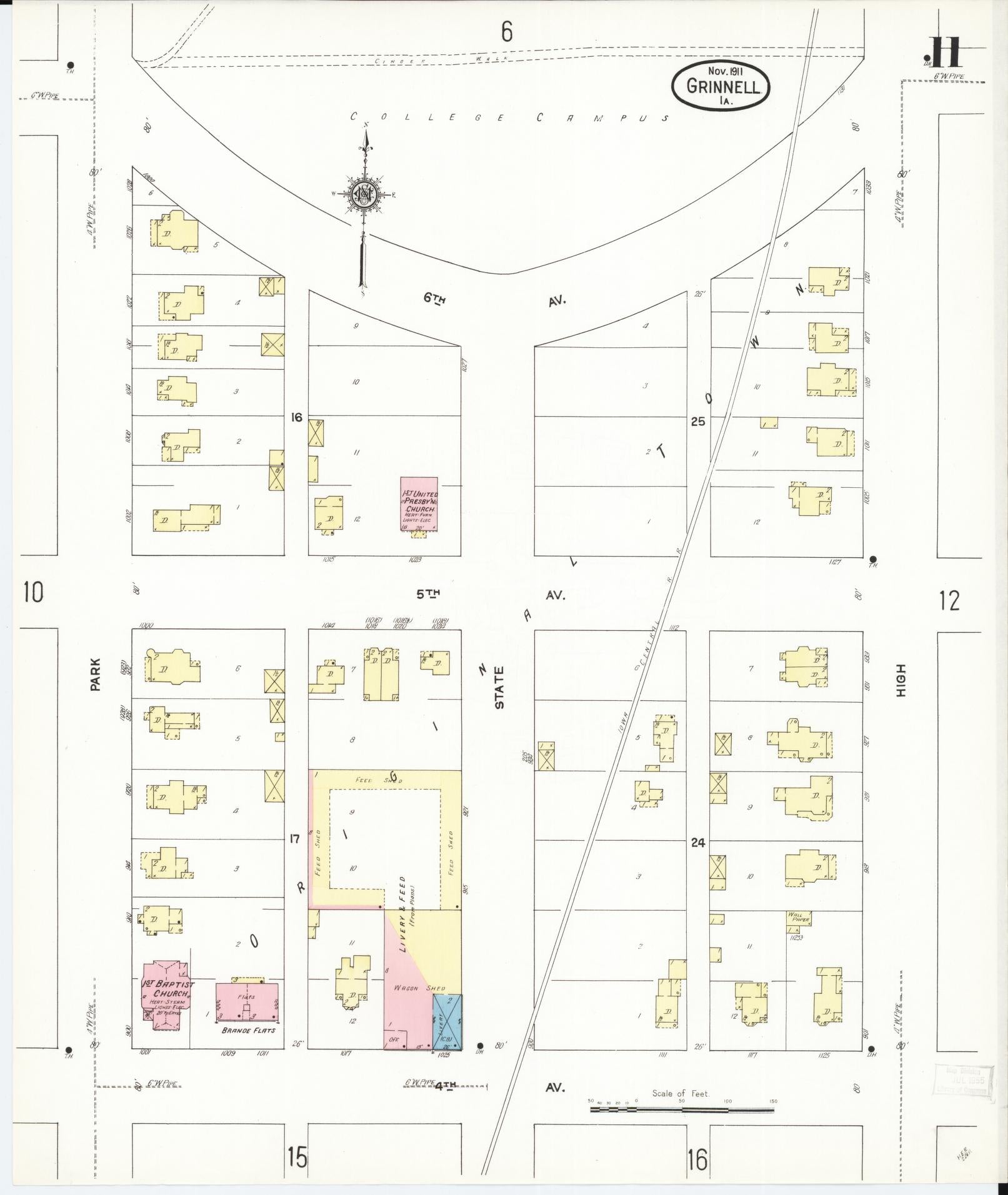 Sanborn Fire Insurance Map from Grinnell, Poweshiek County, Iowa (1911), Sheet #0011 - Historic Sanborn Fire Insurance Map Print, vintage old map wall art