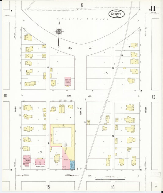 Sanborn Fire Insurance Map from Grinnell, Poweshiek County, Iowa (1911), Sheet #0011 - Historic Sanborn Fire Insurance Map Print, vintage old map wall art