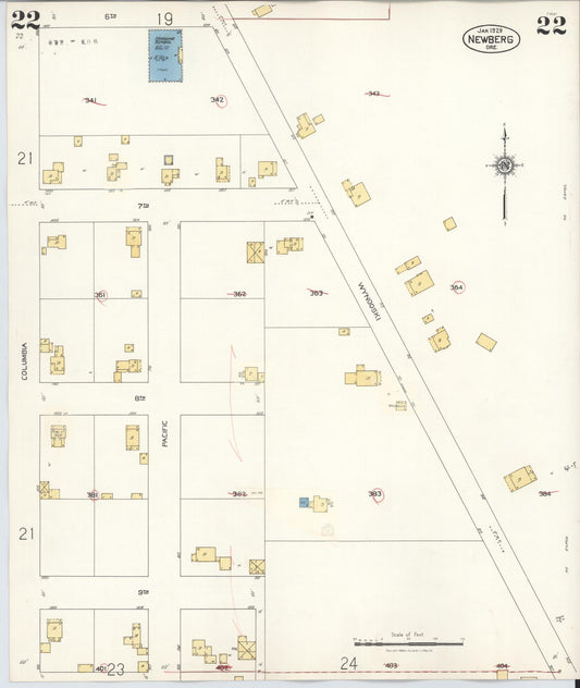 Sanborn Fire Insurance Map from Newberg, Yamhill County, Oregon (1934), Sheet #0022 - Historic Sanborn Fire Insurance Map Print, vintage old map wall art, antique decor, genealogy gift, Oregon Oregon map