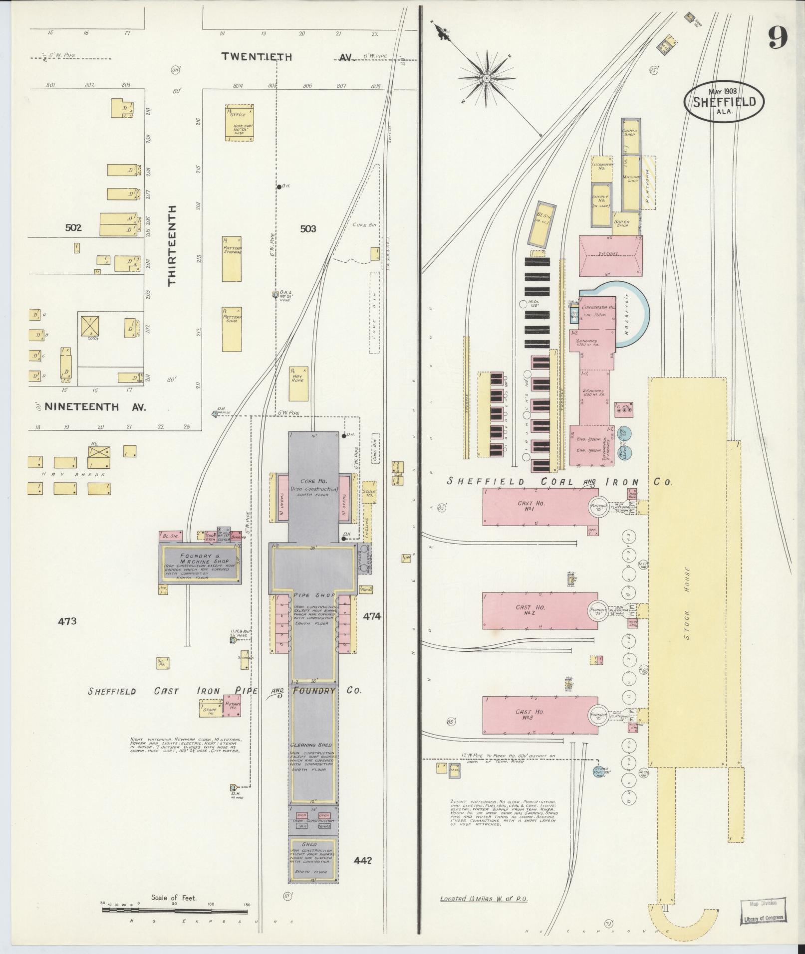 Sanborn Fire Insurance Map from Sheffield, Colbert County, Alabama (1908), Sheet #0009 - Complete Map Set gallery image, historic Sanborn map, vintage wall art, Alabama Alabama