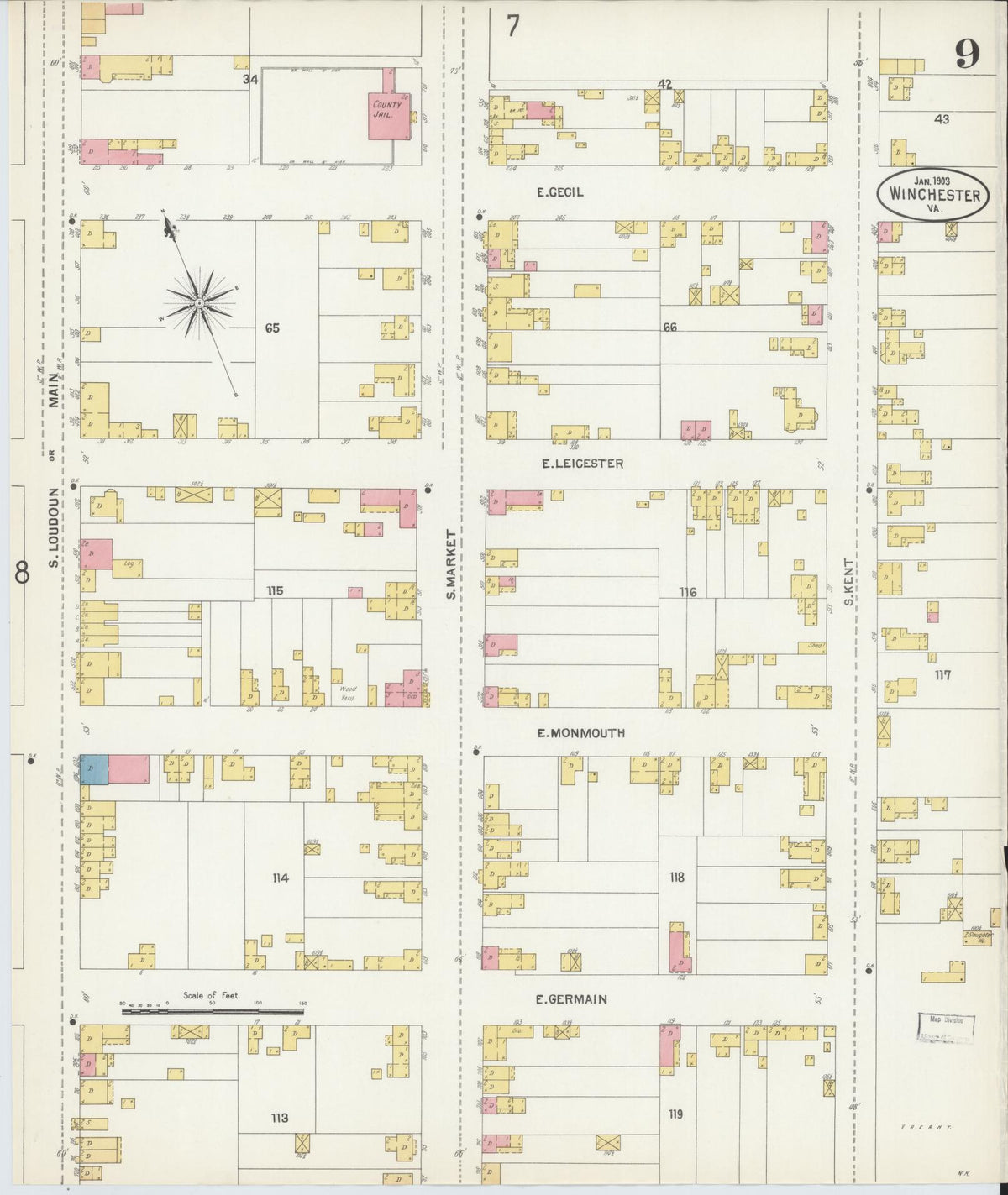 Sanborn Fire Insurance Map from Winchester, Independent Cities, Virginia (1903), Sheet #0009 - Complete Map Set gallery image, historic Sanborn map, vintage wall art, Virginia Virginia