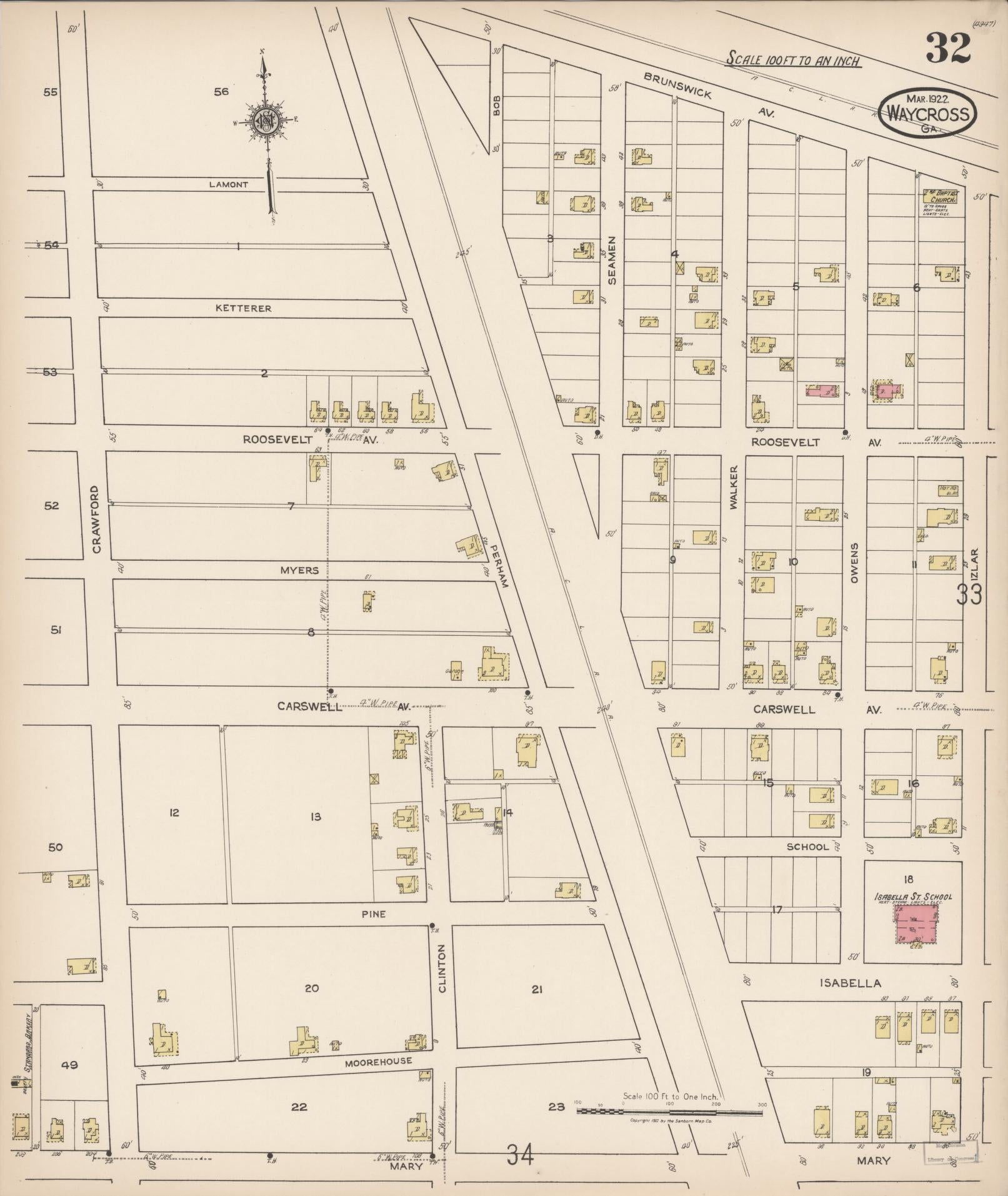 Sanborn Fire Insurance Map from Waycross, Ware County, Georgia (1922), Sheet #0032 - Complete Map Set gallery image, historic Sanborn map, vintage wall art, Georgia Georgia
