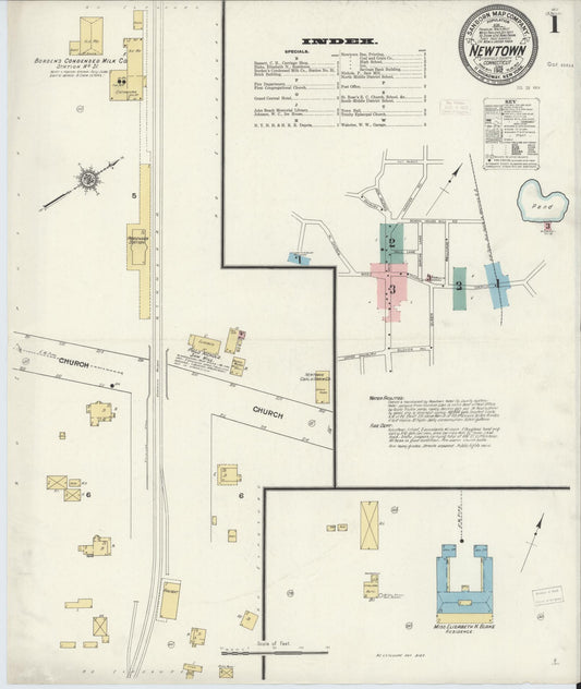Sanborn Fire Insurance Map from Newtown, Fairfield County, Connecticut (1912), Sheet #0001 - Complete Map Set gallery image, historic Sanborn map, vintage wall art, Connecticut Connecticut