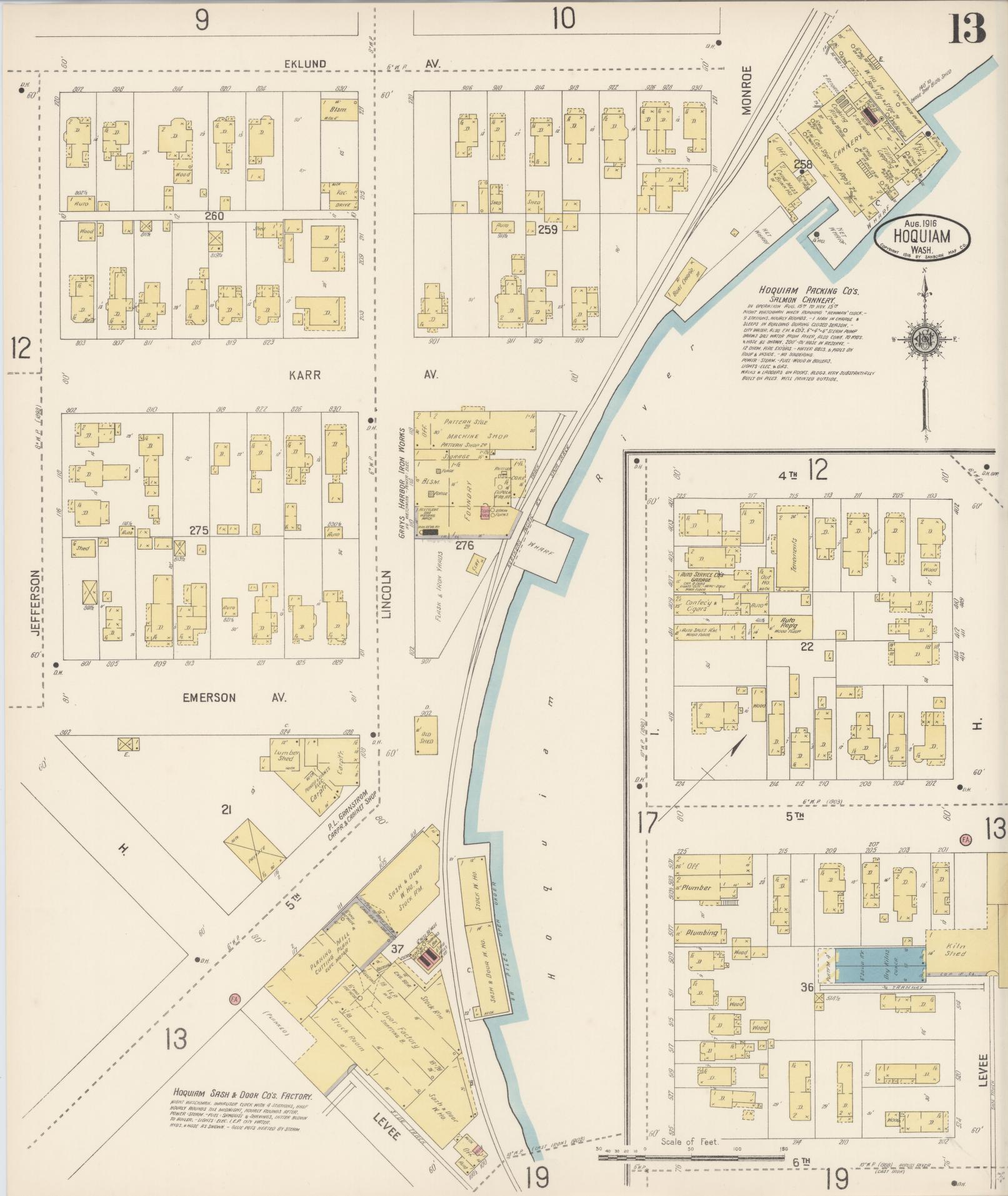 Sanborn Fire Insurance Map from Hoquiam, Grays Harbor County, Washington (1916), Sheet #0013 - Historic Sanborn Fire Insurance Map Print, vintage old map wall art, antique decor, genealogy gift, Washington Washington map