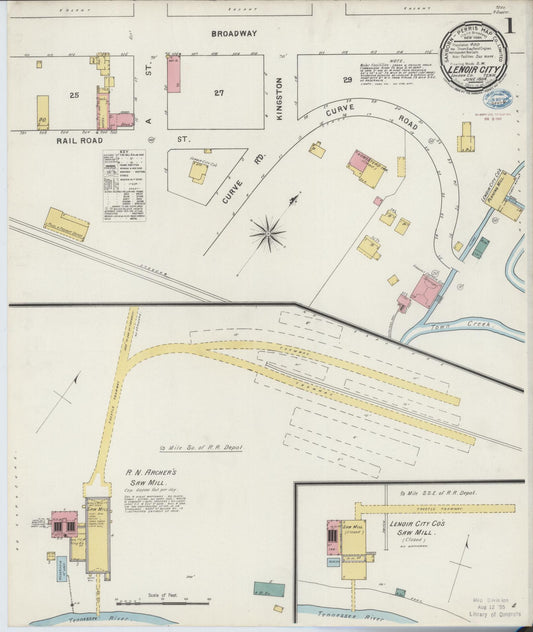 Sanborn Fire Insurance Map from Lenoir City, Loudon County, Tennessee (1894), Sheet #0001 - Historic Sanborn Fire Insurance Map Print, vintage old map wall art, antique decor, genealogy gift, Tennessee Tennessee map