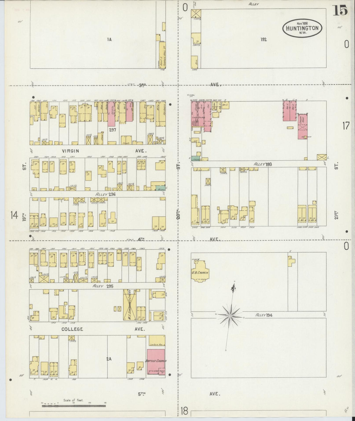 Sanborn Fire Insurance Map from Huntington, Cabell County, West Virginia (1898), Sheet #0015 - Complete Map Set gallery image, historic Sanborn map, vintage wall art, West Virginia West Virginia