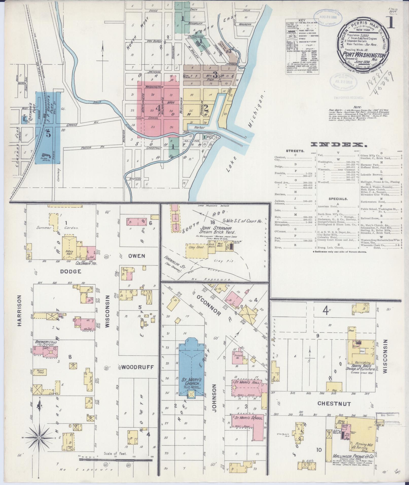 Sanborn Fire Insurance Map from Port Washington, Ozaukee County, Wisconsin (1898), Sheet #0001 - Historic Sanborn Fire Insurance Map Print, vintage old map wall art, antique decor, genealogy gift, Wisconsin Wisconsin map