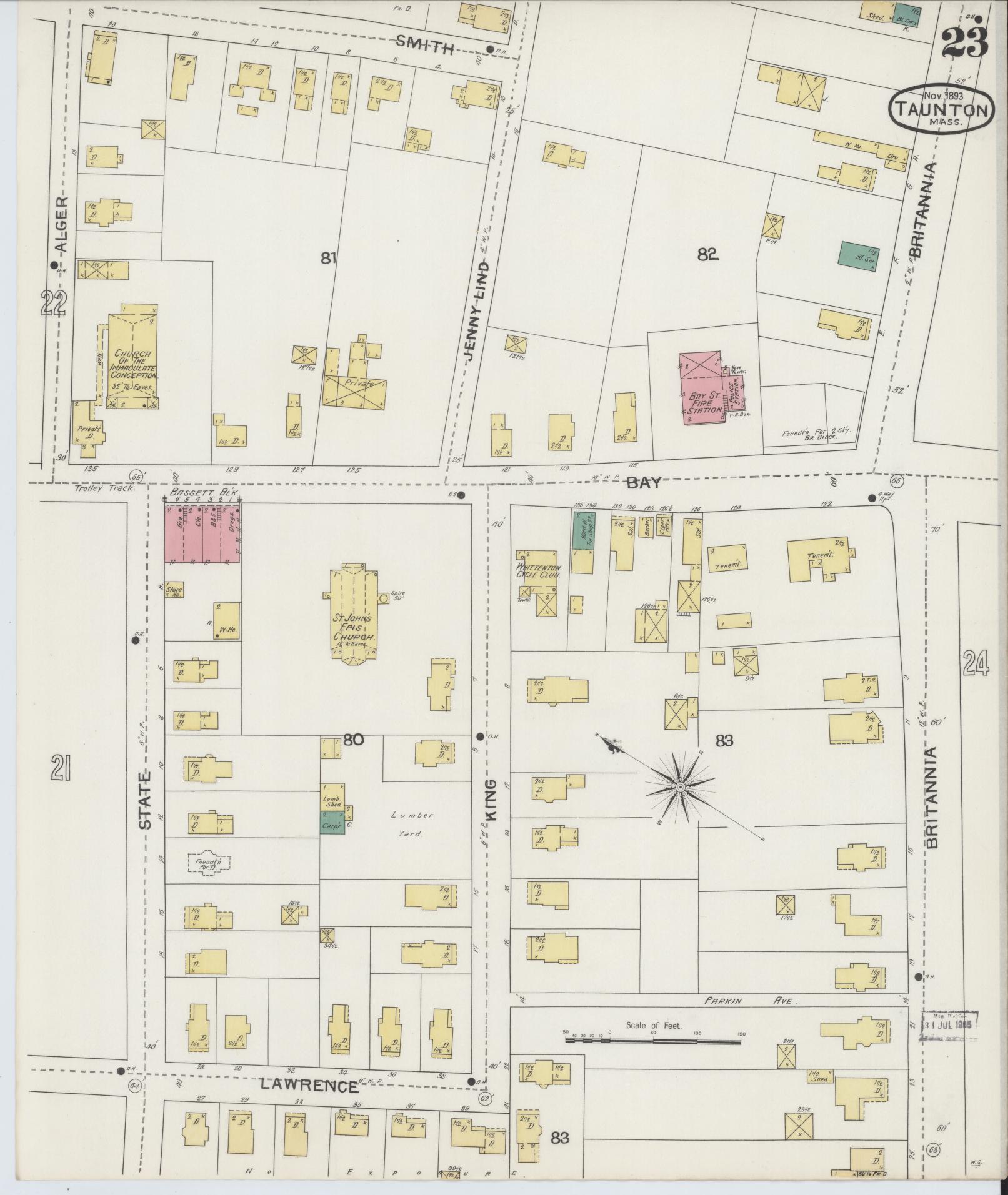 Sanborn Fire Insurance Map from Taunton, Bristol County, Massachusetts (1893), Sheet #0023 - Complete Map Set gallery image, historic Sanborn map, vintage wall art, Massachusetts Massachusetts