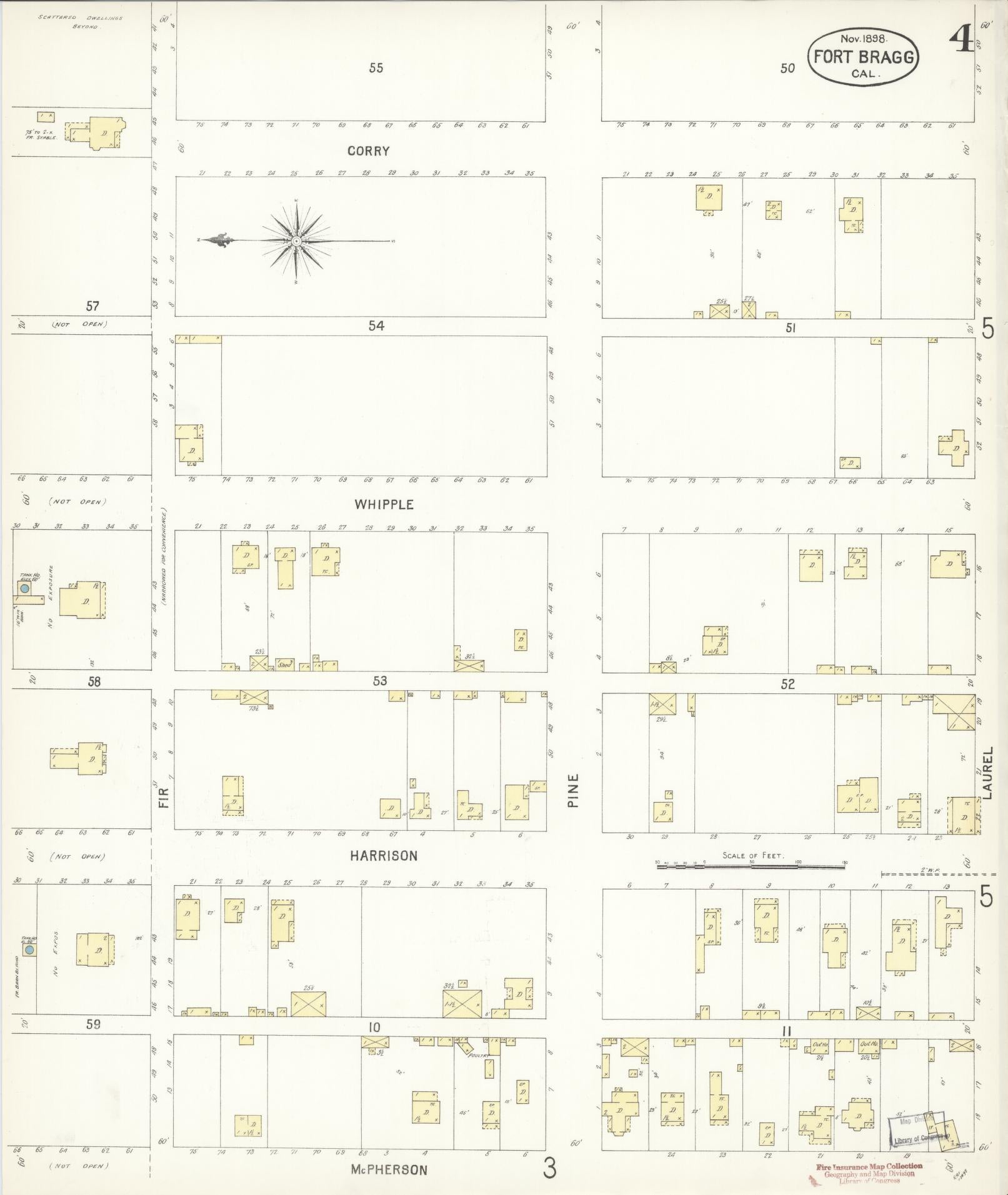 Sanborn Fire Insurance Map from Fort Bragg, Mendocino County, California (1898), Sheet #0004 - Historic Sanborn Fire Insurance Map Print, vintage old map wall art, antique decor, genealogy gift, California California map