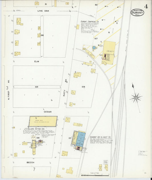 Sanborn Fire Insurance Map from Durant, Bryan County, Oklahoma (1908), Sheet #0004 - Historic Sanborn Fire Insurance Map Print, vintage old map wall art, antique decor, genealogy gift, Oklahoma Oklahoma map