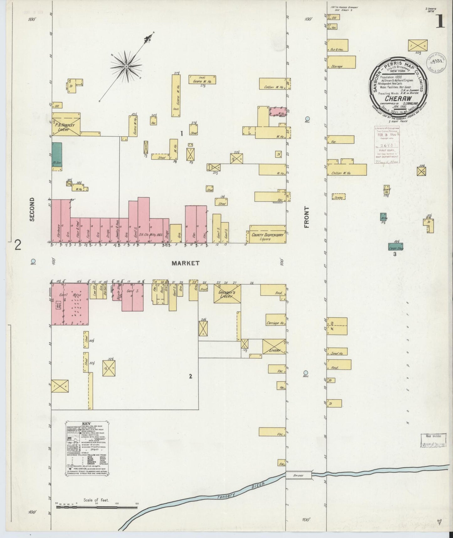 Sanborn Fire Insurance Map from Cheraw, Chesterfield County, South Carolina (1900), Sheet #0001 - Historic Sanborn Fire Insurance Map Print, vintage old map wall art, antique decor, genealogy gift, South Carolina South Carolina map