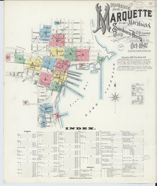 Sanborn Fire Insurance Map from Marquette, Marquette County, Michigan (1897), Sheet #0001 - Historic Sanborn Fire Insurance Map Print, vintage old map wall art, antique decor, genealogy gift, Michigan Michigan map