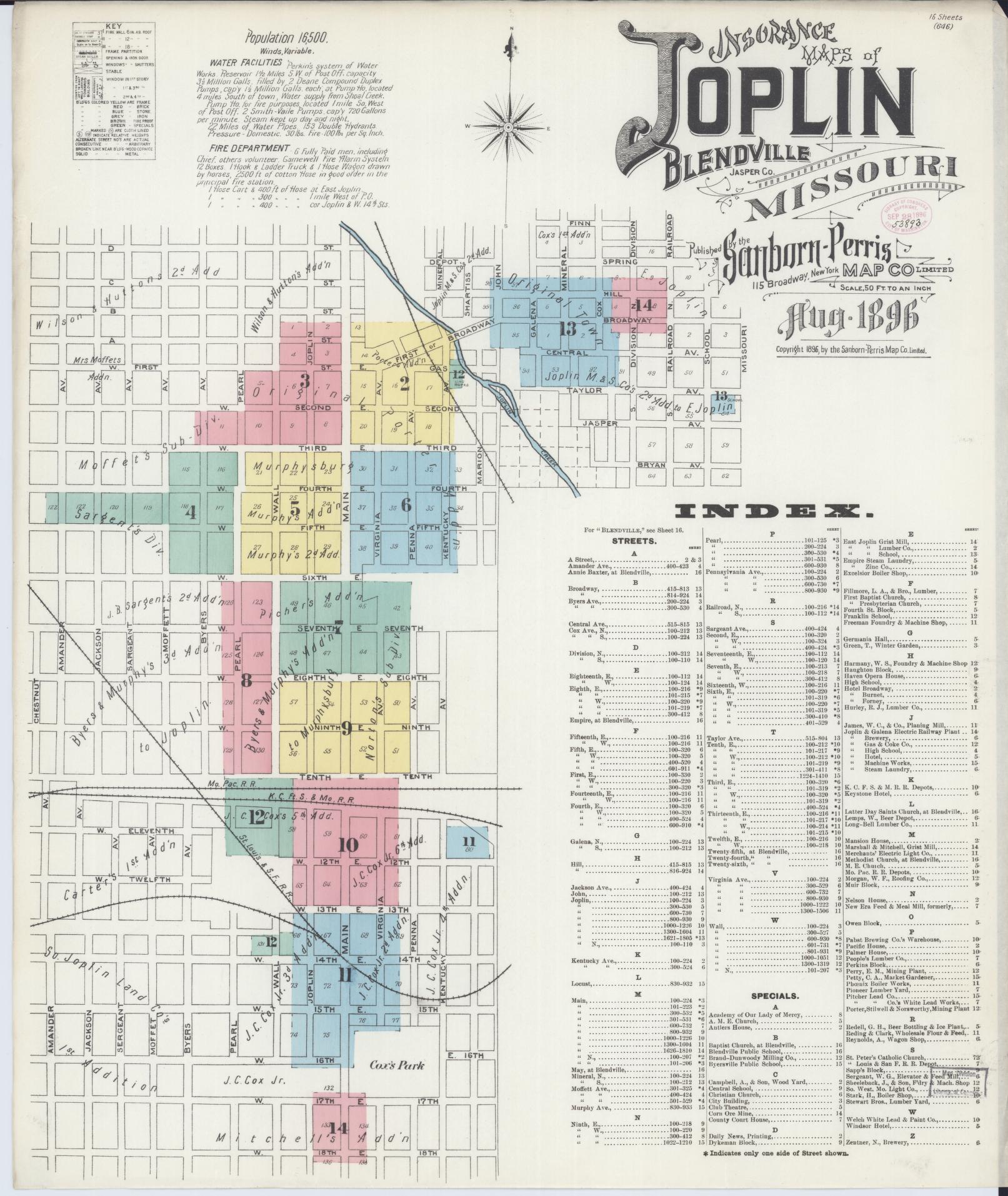 Sanborn Fire Insurance Map from Joplin, Jasper County, Missouri (1896), Sheet #0001 - Complete Map Set gallery image, historic Sanborn map, vintage wall art, Missouri Missouri