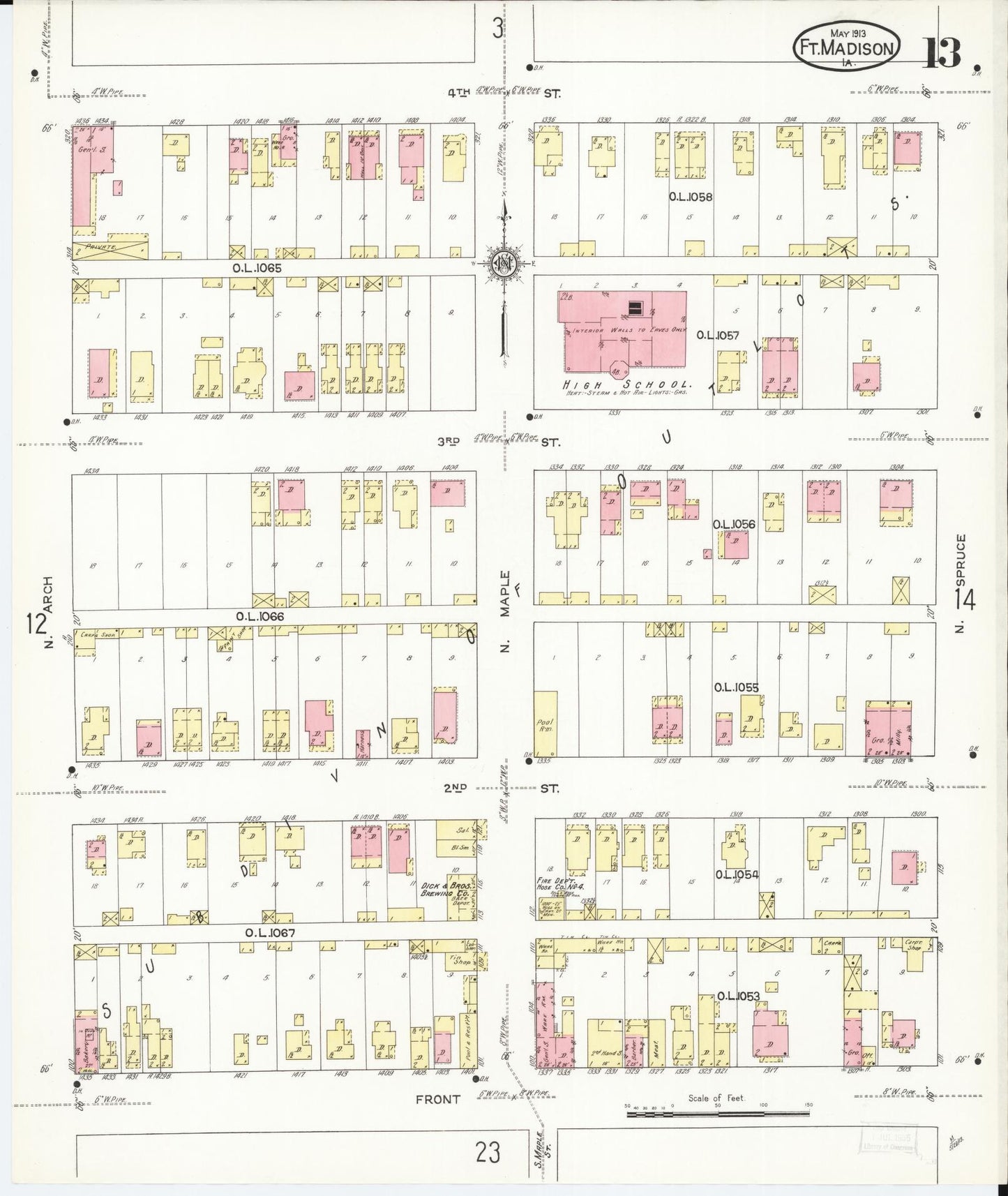 Sanborn Fire Insurance Map from Fort Madison, Lee County, Iowa (1913), Sheet #0013 - Historic Sanborn Fire Insurance Map Print, vintage old map wall art