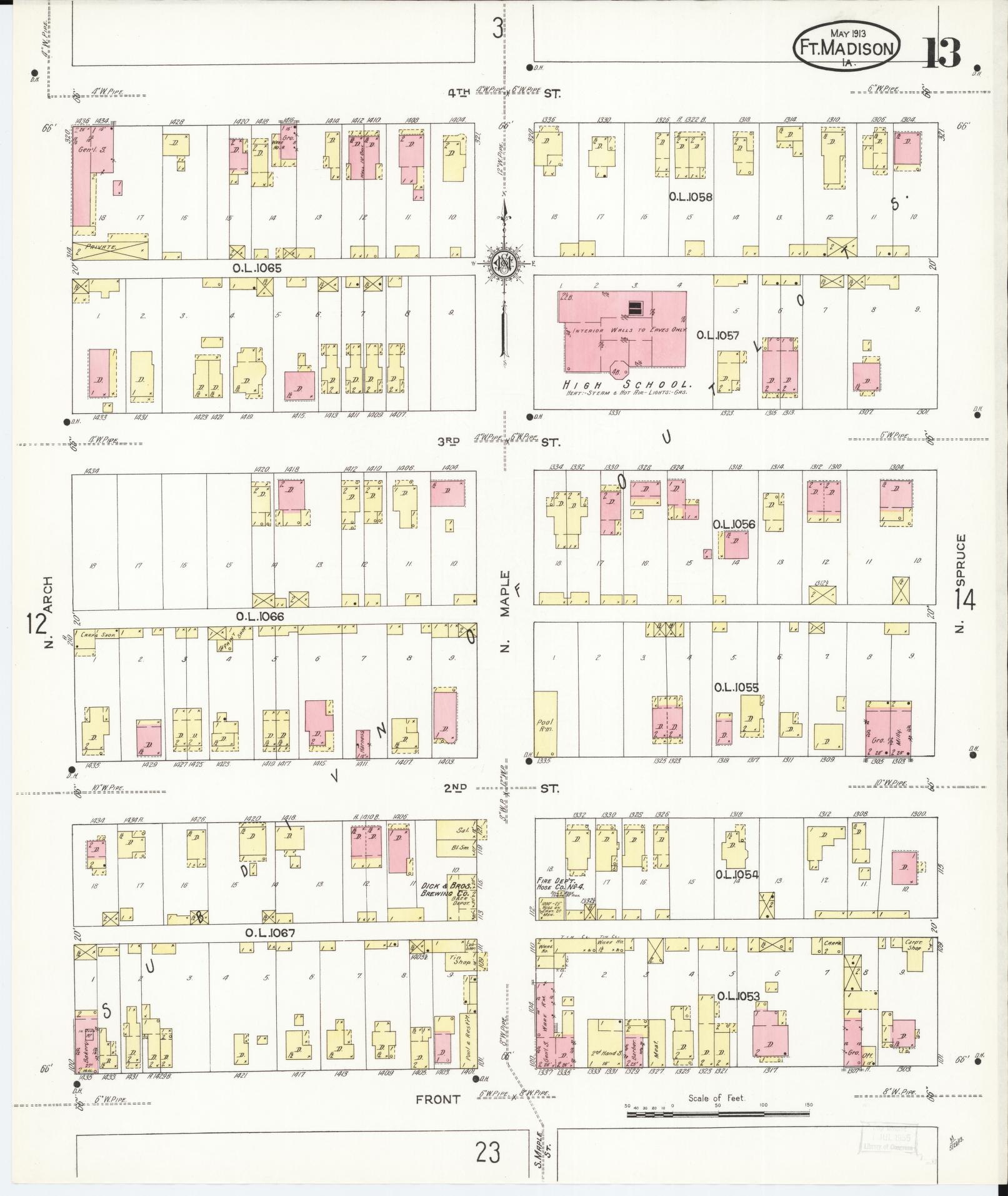 Sanborn Fire Insurance Map from Fort Madison, Lee County, Iowa (1913), Sheet #0013 - Historic Sanborn Fire Insurance Map Print, vintage old map wall art