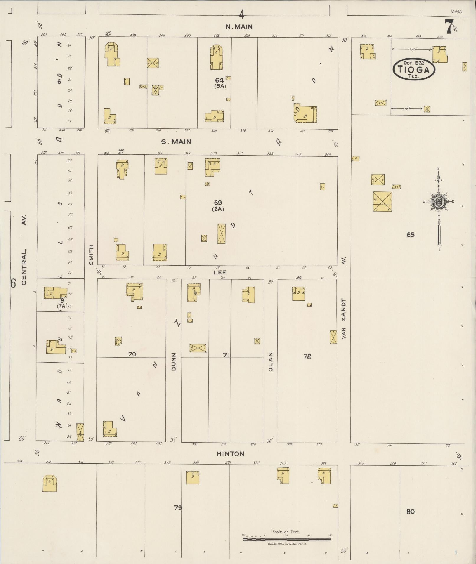 Sanborn Fire Insurance Map from Tioga, Grayton County, Texas (1922), Sheet #0007 - Historic Sanborn Fire Insurance Map Print, vintage old map wall art, antique decor, genealogy gift, Texas Texas map