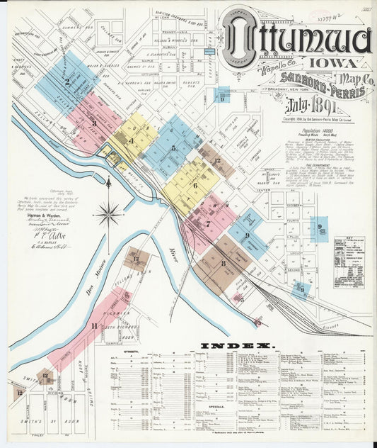 Sanborn Fire Insurance Map from Ottumwa, Wapello County, Iowa (1891), Sheet #0001 - Historic Sanborn Fire Insurance Map Print, vintage old map wall art