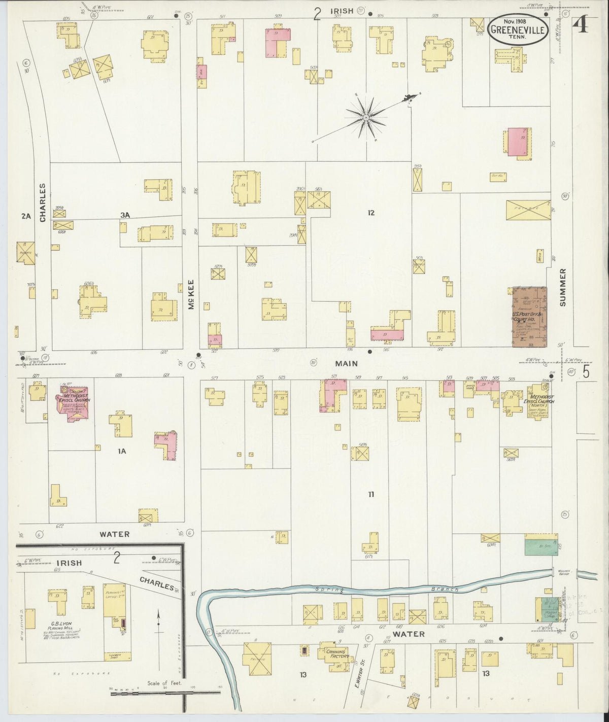 Sanborn Fire Insurance Map from Greeneville, Greene County, Tennessee (1908), Sheet #0004 - Complete Map Set gallery image, historic Sanborn map, vintage wall art, Tennessee Tennessee