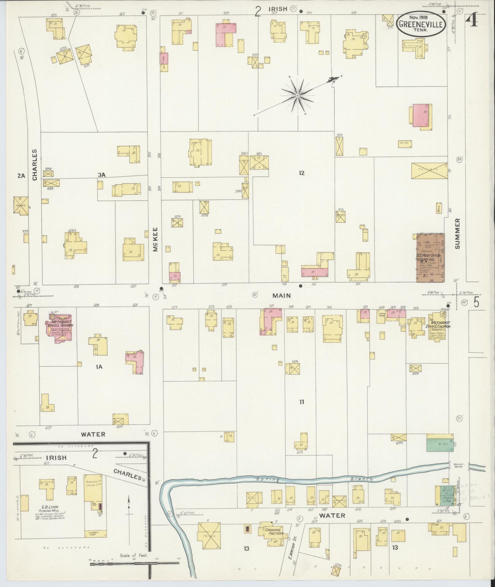 Sanborn Fire Insurance Map from Greeneville, Greene County, Tennessee (1908), Sheet #0004 - Complete Map Set gallery image, historic Sanborn map, vintage wall art, Tennessee Tennessee