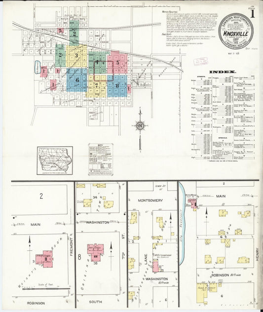 Sanborn Fire Insurance Map from Knoxville, Marion County, Iowa (1913), Sheet #0001 - Historic Sanborn Fire Insurance Map Print, vintage old map wall art