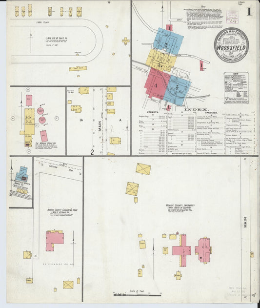 Sanborn Fire Insurance Map from Woodsfield, Monroe County, Ohio (1905), Sheet #0001 - Historic Sanborn Fire Insurance Map Print, vintage old map wall art, antique decor, genealogy gift, Ohio Ohio map