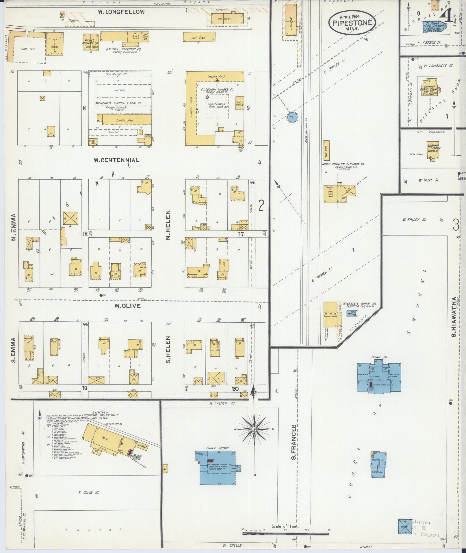 Sanborn Fire Insurance Map from Pipestone, Pipestone County, Minnesota (1904), Sheet #0004 - Historic Sanborn Fire Insurance Map Print, vintage old map wall art, antique decor, genealogy gift, Minnesota Minnesota map