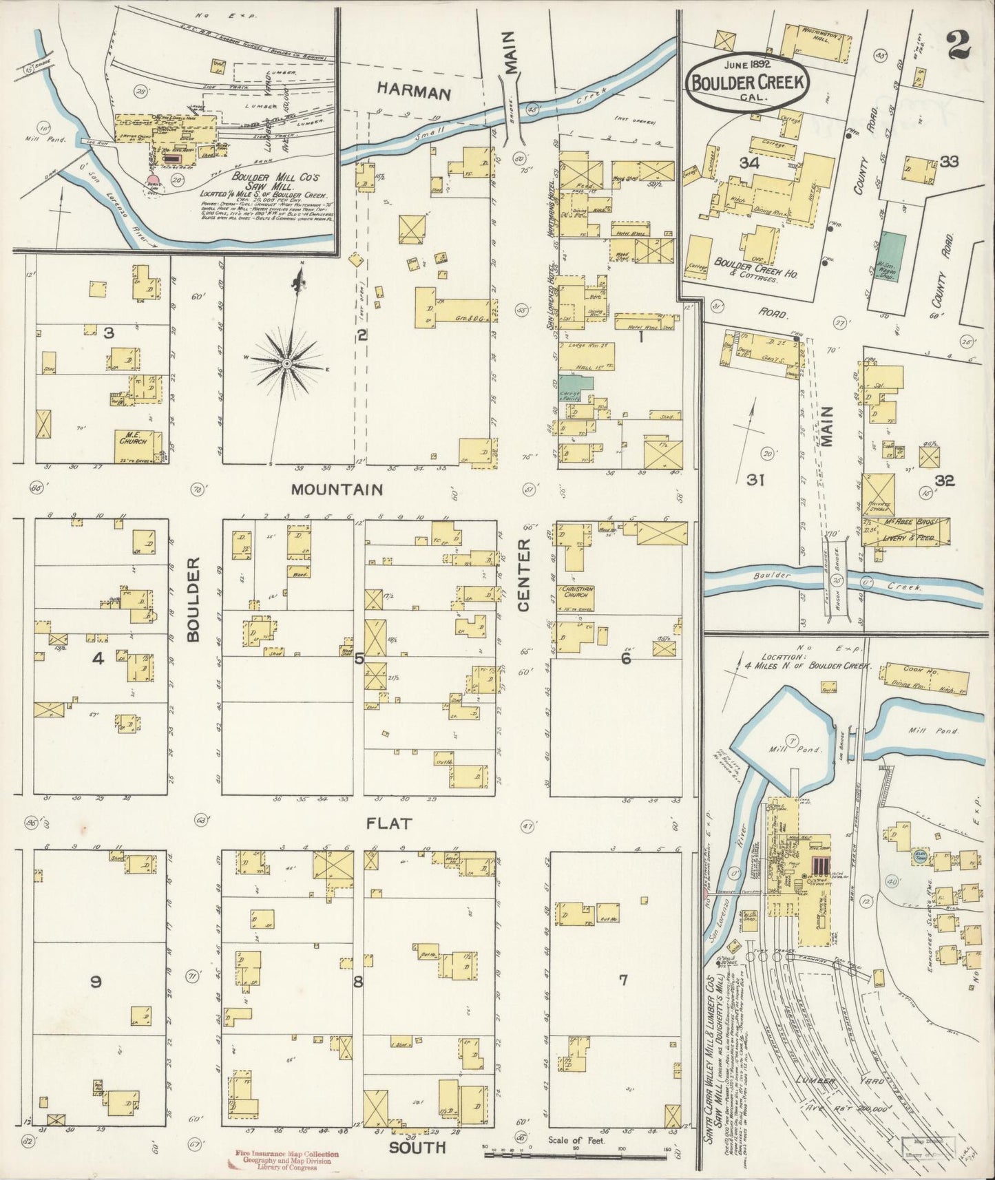 Sanborn Fire Insurance Map from Boulder Creek, Santa Cruz County, California (1892), Sheet #0002 - Historic Sanborn Fire Insurance Map Print, vintage old map wall art, antique decor, genealogy gift, California California map