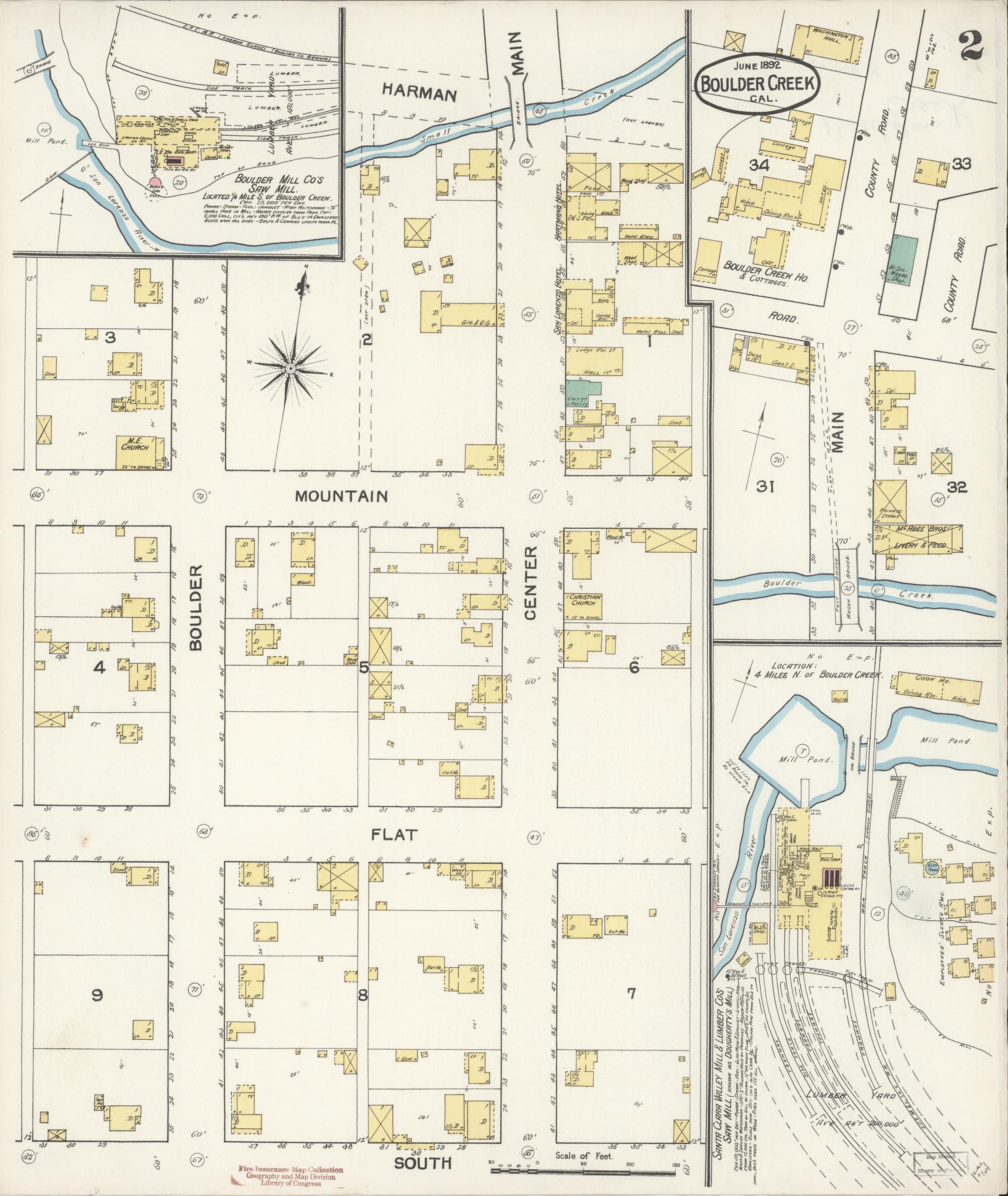 Sanborn Fire Insurance Map from Boulder Creek, Santa Cruz County, California (1892), Sheet #0002 - Historic Sanborn Fire Insurance Map Print, vintage old map wall art, antique decor, genealogy gift, California California map