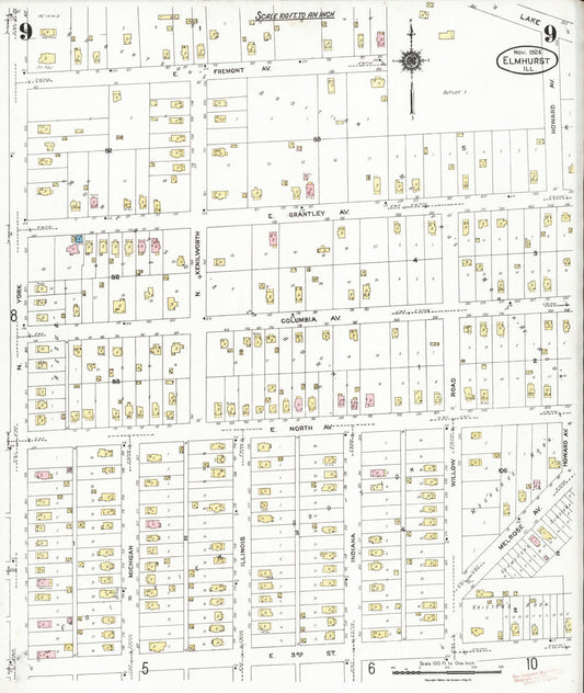 Sanborn Fire Insurance Map from Elmhurst, Du Page County, Illinois (1924), Sheet #0009 - Historic Sanborn Fire Insurance Map Print, vintage old map wall art, antique decor, genealogy gift, Illinois Illinois map