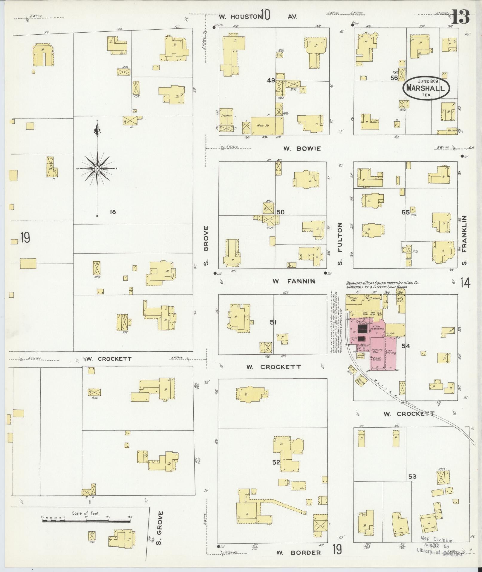 Sanborn Fire Insurance Map from Marshall, Harrison County, Texas (1909), Sheet #0013 - Complete Map Set gallery image, historic Sanborn map, vintage wall art, Texas Texas
