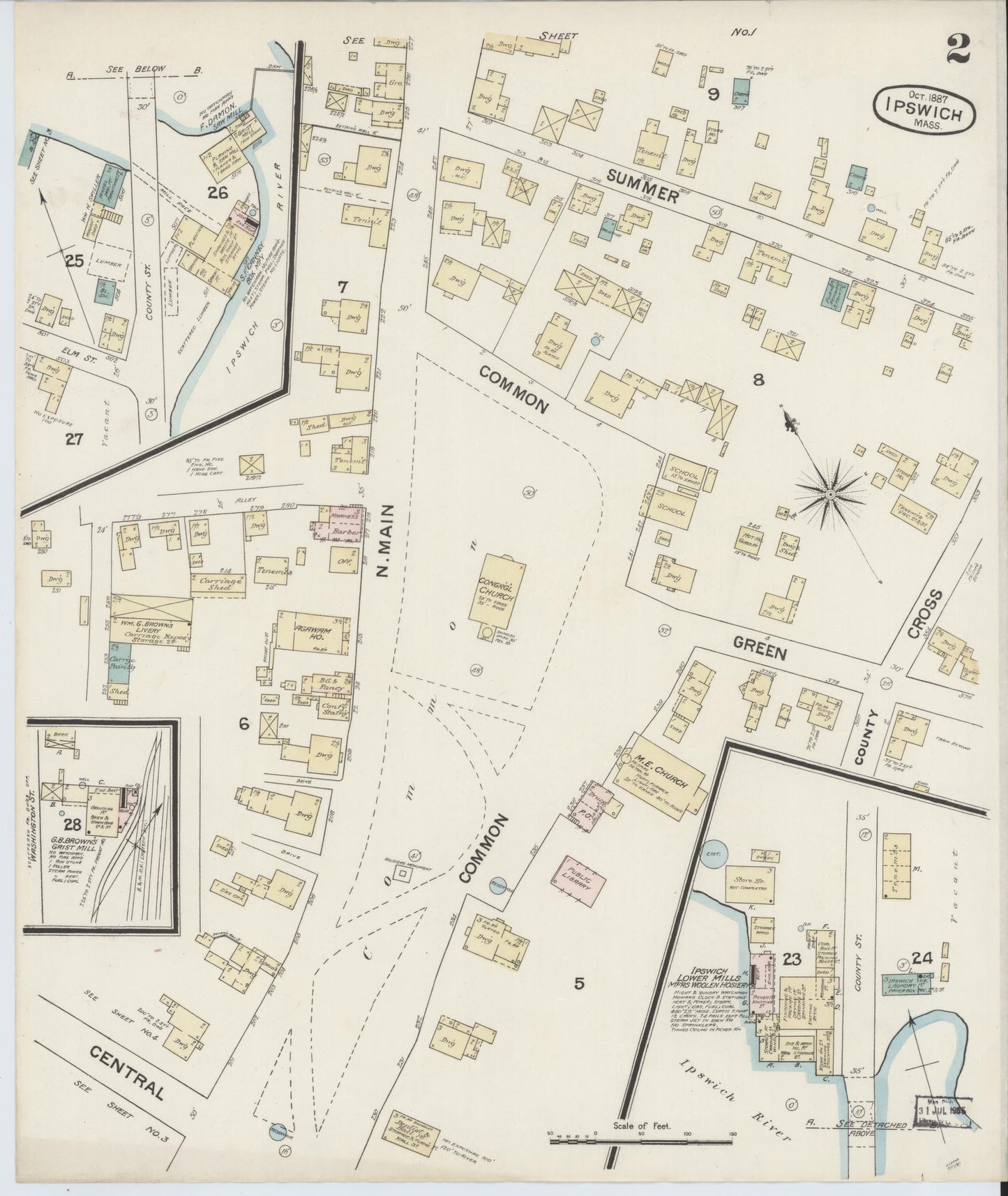 Sanborn Fire Insurance Map from Ipswich, Essex County, Massachusetts (1887), Sheet #0002 - Historic Sanborn Fire Insurance Map Print, vintage old map wall art, antique decor, genealogy gift, Massachusetts Massachusetts map