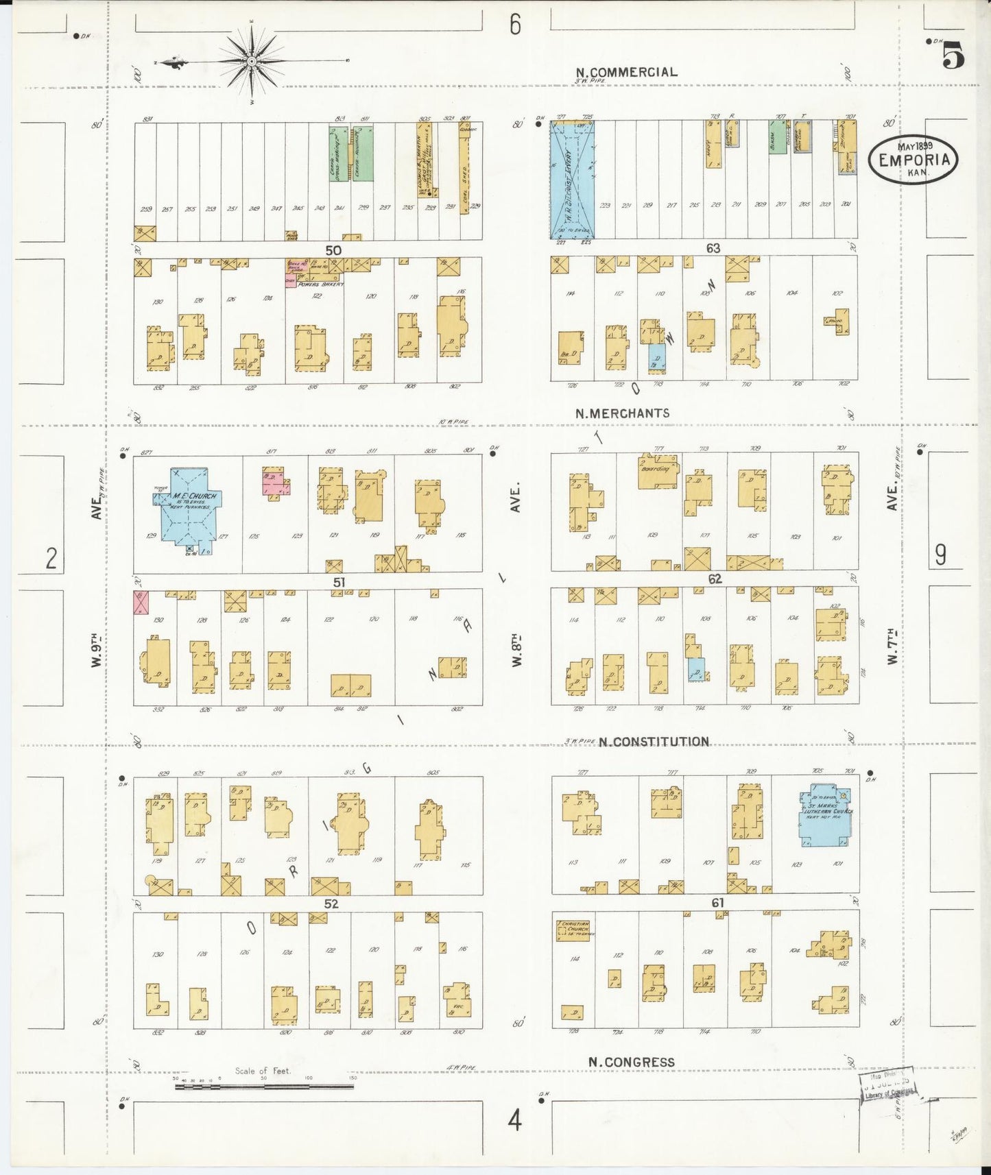 Sanborn Fire Insurance Map from Emporia, Lyon County, Kansas (1899), Sheet #0005 - Historic Sanborn Fire Insurance Map Print, vintage old map wall art, antique decor, genealogy gift, Kansas Kansas map